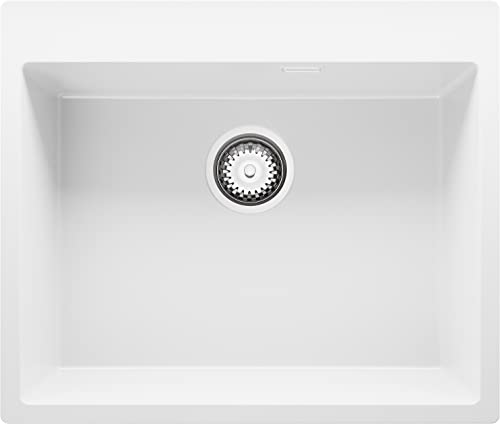 Spülbecken Weiß 59x50 cm, Granitspüle + Ablauf-Set, Küchenspüle für 60er Unterschrank, Einbauspüle von Primagran