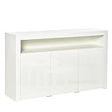 HOMCOM Sideboard Hochglanz Vorratsschrank Küchenschrank mit LED-Licht für Eingang Essbereich Wohnzimmer Material MDF und Spanplatte Weiß 155 x 40 x 92 cm