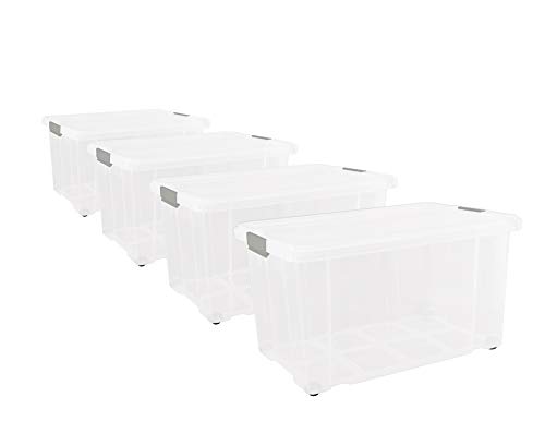 BigDean 4er Set Eurobox mit Deckel und Rollen 60 x 40 x 33 cm - Transparente Kunststoffbox, Griffe in Silberfarben