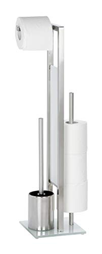 WENKO Stand WC-Garnitur Rivalta, mit integriertem Toilettenpapierhalter und WC-Bürstenhalter, in rostfreier Edelstahl-Qualität, 23x 70 x 18 cm, Silber matt