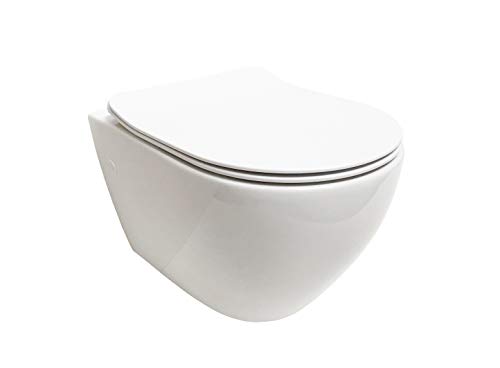ADOB, spülrandlose WC Keramik Nanoversiegelung Hänge WC Toilette wandhängend mit passendem WC Sitz mit Absenkautomatik, inkl. Schallschutzmatte,28023