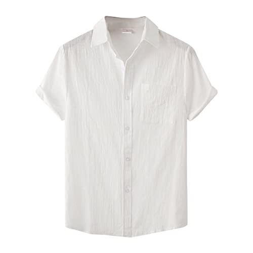 Yowablo Kurzarm-Hemden Hawaii Herren-Hemd Slim-Fit Summer Loose Cotton Blend Solid Button Gefälschte Tasche Kurzarm Shirt Tops (M,Weiß)