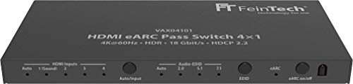 FeinTech VAX04101 HDMI eARC Pass Switch 4x1, für 3 HDMI-Quellen, Soundbar und TV Beamer 4K HDR Dolby Atmos