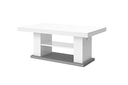 Design Couchtisch Tisch Matera 2 Wohnzimmertisch Hochglanz Saülentisch höhenverstellbar ausziehbar Esstisch Sofatisch (Grau/Weiß Hochglanz)