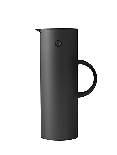 Stelton Isolierkanne EM77 - Doppelwandige Isolierkanne für heiße/kalte Getränke - Tee- & Kaffeekanne mit Glaseinsatz, Magnetverschluss, Schraubdeckel, Vintage-Design - 1 Liter, Soft Black