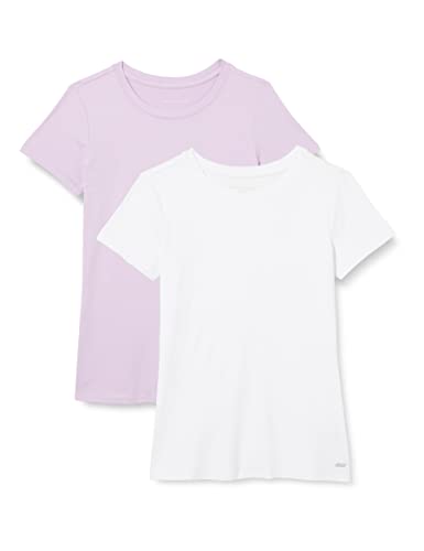 Amazon Essentials Damen Kurzärmeliges T-Shirt mit Rundhalsausschnitt aus Tech-Stretch-Stoff, 2er-Pack, Lila/Grellweiß, L