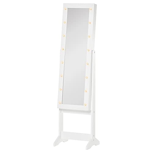 HOMCOM LED Schmuckschrank mit Spiegel Spiegelschrank Standspiegel Schmuckregal Spiegel verstellbar Weiß 136 cm hoch