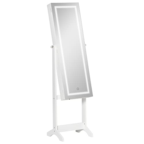 HOMCOM Schmuckschrank mit LED Spiegelschrank Schmuckregal Schmuckorganizer Standspiegel mit 4 Ablagen 46 x 36,5 x 151,5 cm