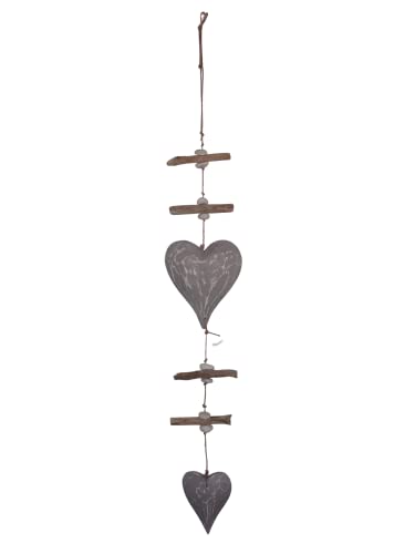 Homefine Herz Teak Treibholz Anhänger Girlande Natur Handmade extra lang zum Aufhängen (78cm x 15cm x 3cm) Fensterdeko Wanddeko (grau)