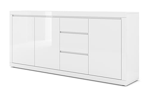 BIM Furniture Kommode Bello Bianco IV 195 cm Sideboard Highboard Schrank Weiss mat/Weiss Hochglanz DREI Regal, DREI Schubladen Italienische
