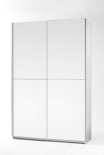 lifestyle4living Schwebetürenschrank in Weiß, 125 cm | Hochwertiger Kleiderschrank mit 2 Schwebetüren, 4 Einlegeböden, 2 festen Böden und 1 Kleiderstange