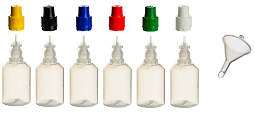 6 Stück 30 ml PP-Flaschen MIT FARBIGEN DECKELN + Füll-Trichter - Quetschflasche Leerflasche Kunststofflasche Plastikflasche Spritzflasche quetschbar zum befüllen und mischen auch Liquide