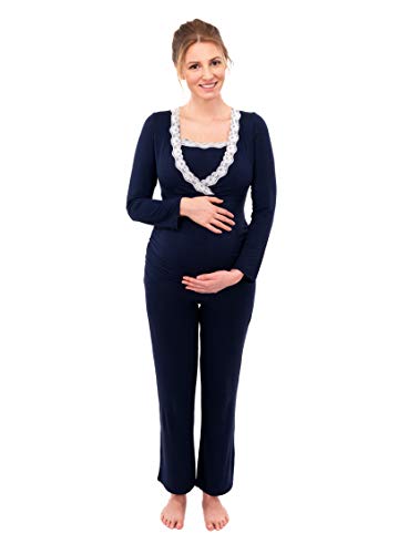 Herzmutter Stillpyjama-Umstandspyjama - Schlafanzug für Damen mit Spitze - Nachtwäsche für Schwangerschaft-Stillzeit - Pyjama-Set mit Stillfunktion - Lang-Langarm - Blau-Grau-Taupe - 2000 (L, Blau)