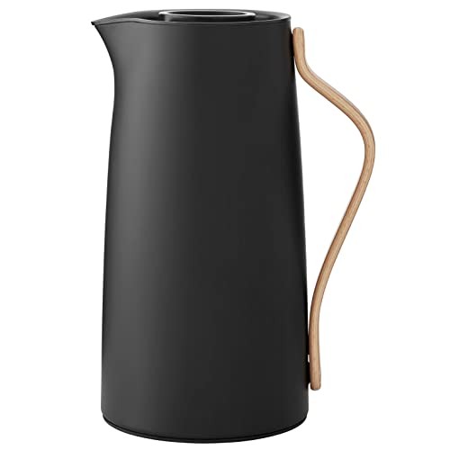 Stelton Kaffee-Isolierkanne Emma - Edelstahl-Thermoeinsatz, doppelwandig isoliert - Thermoskanne/Kaffeekanne/Kanne mit Buchenholzgriff, Easy-Click-Deckel - 1,2 Liter, schwarz