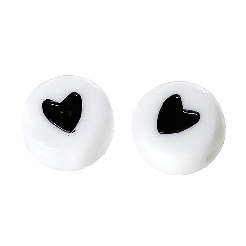 50 x Schwarz, weiß &Love Herz Valentin Acryl Rund Flach, 7 mm Perlen und Charms (Style1)