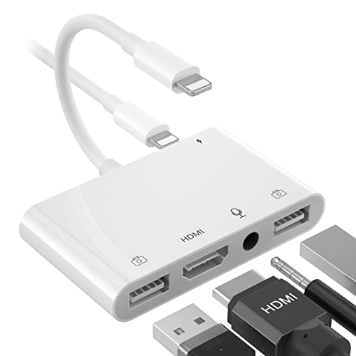 Lighting zu HDMI Adapter HDMI + Dual-USB-Buchse OTG + 3,5mm Kopfhörer Splitter Adapter mit Ladeanschluss Kompatibel mit iPhone Unterstützung Flash-Laufwerk Maus Tastatur iPhone zum Fernseher