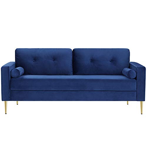 VASAGLE Sofa, Couch für Wohnzimmer, Bezug aus Samt, für Wohnungen, kleinen Raum, Holzgestell, Metallbeine, einfacher Aufbau, modernes Design, 181 x 82 x 86 cm, blau LCS002Q01