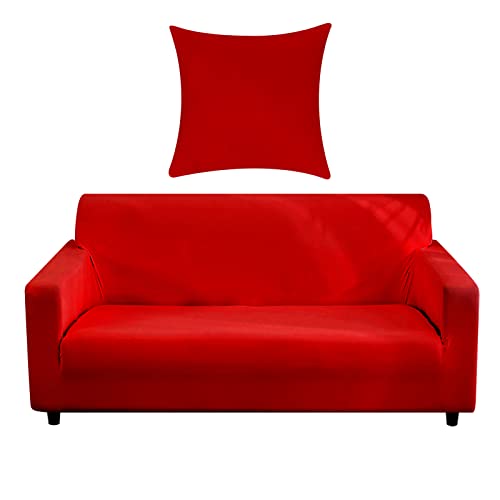 Sofa Überwürfe Sofabezug mit einem Kissenbezug, Stretch elastische Sofahusse Sofa Abdeckung in Rot Farbe für 1/2/3/4 Sitzer（L-förmiges Ecksofa erfordert Zwei）