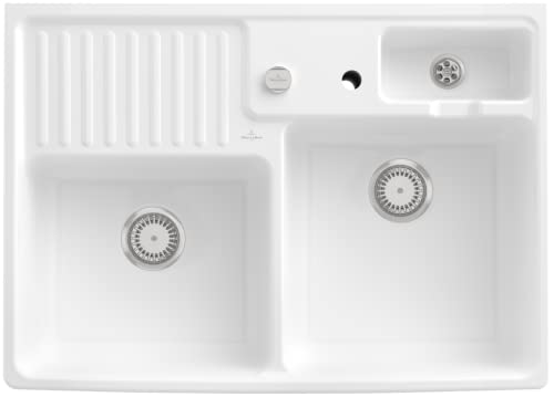 Villeroy & Boch Spülstein Doppelbecken, inklusive Ablaufgarnitur mit Excenterbetätigung, aus Keramik, 895 x 630 mm, Weiß Alpin CeramicPlus