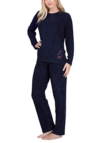 Moonline Frottee-Schlafanzug für Damen mit Motivdruck, Farbe:Navy, Größe:36-38