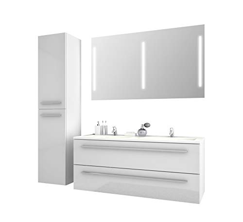Sieper I Badmöbel Set Libato, Doppelwaschtisch mit Unterschrank 120 x 50 cm, Hochschrank und Badspiegel I Weiß
