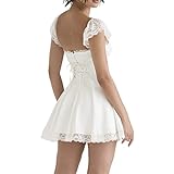 Yassiglia Sommerkleid Damen Elegant Vintage A-Linie Kleid Kurzarm Spitzenkleid Sommer Kurz Minikleid Petticoat Kleid mit Rüsche (Weiß, S)