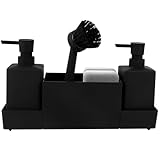 CAUTIOUS 350ML Spülbecken Organizer mit Bürste, Seifenspender Spülschwamm, Küche Spülmittelspender Set aus Kunststoff, Spülorganizer mit Zwei Seifenspender, Küchengadget Organizer (schwarz)