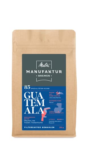 Melitta Manufaktur-Kaffee Guatemala Natural, Filterkaffee gemahlen, Spezialitätenkaffee, Micro Lot, Trommelröstung, Pflaumen, rote Trauben, Trockenfrüchte, 250 g