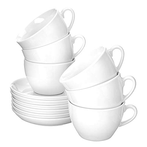 Caterado Cappuccino-Tassen Bistro 0,30l mit Untertasse 12-teilig, Porzellan, Weiß, 6 Stück (1er Pack), 6
