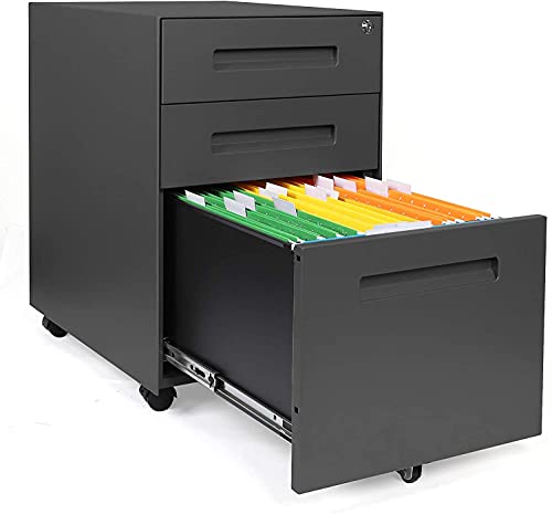 YOLEO Metall Rollcontainer Stahl Rollcontainer mit 3 Schubladen und Hängeregistratur Abschließbarer Büroschrank Bürocontainer 48x40x59 cm (Black)
