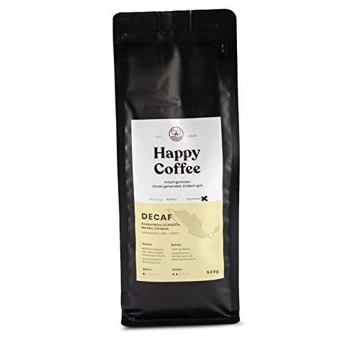 HAPPY COFFEE Entkoffeinierte Bio Espressobohnen [DECAF] | Schokoladig, Mild & Säurearm | Für Espresso & Kaffeevollautomaten | Ganze Bohne (500 GR)