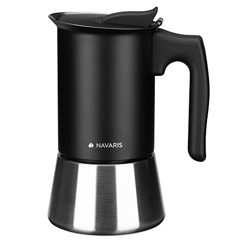 Navaris Espressokocher für 4 Tassen - Espressomaschine für den Herd - Kaffeemaschine aus Edelstahl - Mokka Kanne auch für Induktion - schwarz