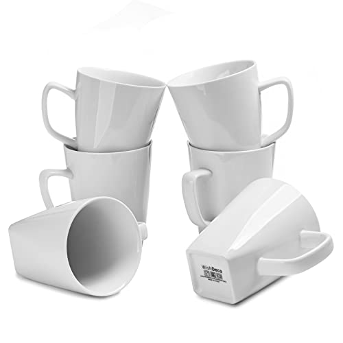 WishDeco Porzellan Kaffeetassen Set Weiß, 400ml Keramik becher für Milch Tee Heißgetränke zum Haushalt Sekretariat Restaurant, 6er Set, Quadratischen Boden, Weihnachts & Neujahrs Geschenk