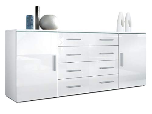 Vladon Sideboard Faro V2, Kommode mit 2 Türen und 4 Schubladen, Weiß matt/Weiß Hochglanz (166 x 72 x 35 cm)