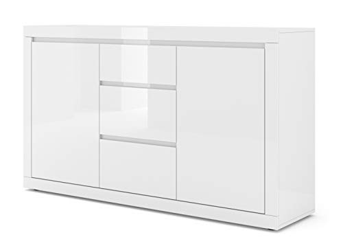 BIM Furniture Kommode Bello Bianco III 150 cm Sideboard Highboard Schrank Weiss mat/Weiss Hochglanz Zwei Regal, DREI Schubladen Italienische