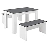 [en.casa] Tisch- und Bank Set 3 teilig Essgruppe für 4 Tisch 110 x 70 cm mit 2 Bänken Tischgruppe Sitzgruppe Weiß/Grau