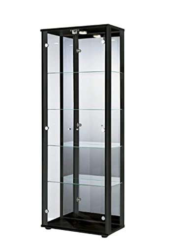 K-Möbel Glasvitrine in Schwarz (176x67x33 cm) mit 4 höhenverstellbaren Glasböden aus ESG, LED, Schloss und Spiegel; beleuchtet; perfekt für Sammler;