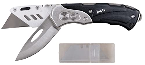 kwb Universal-Messer inkl. Cutter-Messer klappbar, zwei extra scharfe 60 x 19 mm Trapez-Klingen aus Metall, inkl. Ersatz-Klingen, Zweihand-Bedienung, Teppich-Messer mit stabiler Messerklinge