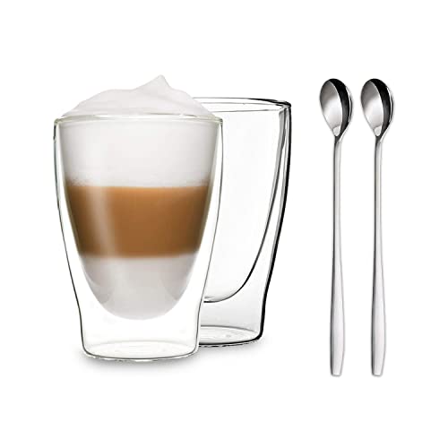 DUOS® Latte Macchiato Gläser Doppelwandig 2x 400ml + 2x Löffel, Doppelwandige Gläser, Cappuccino Tassen, Latte Macchiato Löffel, Eiskaffee Gläser, Doppelwandige Kaffeegläser, Cappuccino Gläser