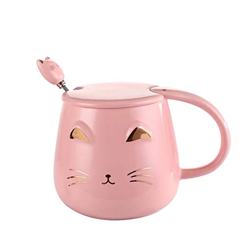 Katzen-Tasse, süße Kitty, Keramik-Kaffeetasse mit Deckel und Edelstahl-Löffel, für Katzenliebhaber, Frauen und Mädchen，Weihnachten Becher Geschenk （Pinke ）