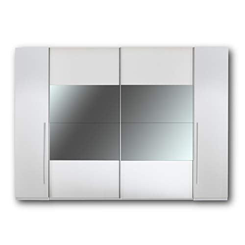 MEGA Eleganter Kleiderschrank mit viel Stauraum - Vielseitiger Schwebetürenschrank in Weiß mit Spiegel - 270 x 226 x 60 cm (B/H/T)