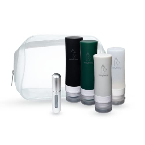 Easytrase Kosmetik-Silikonflaschen-Set 4er-Pack mit Etikett, Kulturbeutel & Parfümzerstäuber | TSA-Zulassung für Handgepäck | Auslaufsichere, Nachfüllbare, BPA freie Reiseflaschen für Pflegeprodukte