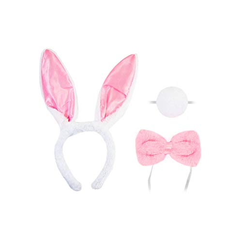Oblique Unique® Sexy Bunny Häschen Hasen Kostüm Accessoire Set für Damen mit Häschen Ohren Haarreif + Schwanz + Fliege für Fasching Karneval Motto Party Rosa Weiß