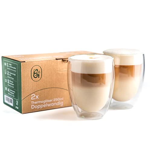 84degrees Doppelwandige Cappuccino Gläser, 2er Set 250ml, Moderne Glastassen für Kaffee, Thermogläser Set, Doppelwandig, Kaffeetasse Cappuccino