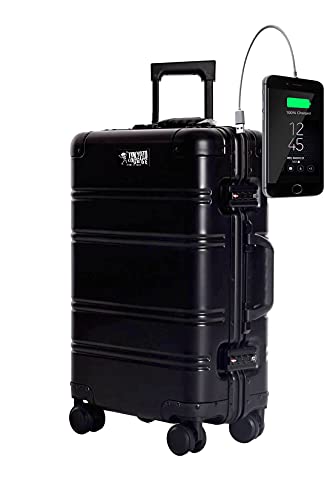 TOKYOTO Aluminium Trolley Handgepäck-Koffer mit 4 Rollen 55x35x20 / Hartschalenkoffer, Suitcase, Reisekoffer klein für Unterwegs/TSA-Schloss & USB-Anschluss Black Logo
