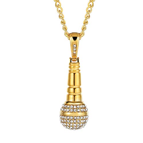 PAURO Herren Edelstahl Hip Hop Diamant CZ Mikrofon Anhänger Charme Halskette Mit Kette 24', Gold Klein