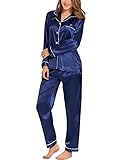 SWOMOG Schlafanzug Damen Satin Pyjama Sets Langarm Button Down Silk Nachtwäsche mit Knopf Zweiteiliger Klassische Seide Pjs Sets Loungewear Marineblau XXL