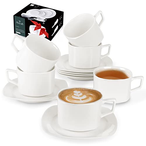 Kaffeetassen 6er Set, Creme Weiße Tassen Set 12 Teilig, Kaffeeservice 200ml Cappuccino Tee Türkische Kaffee Tassen Set mit Untertasse Modern, SUNTING Porzellan Kaffeegeschirr