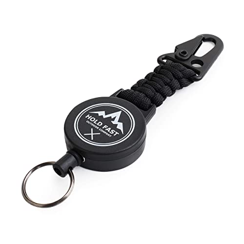 Schlüsselband ausziehbar - Ausweis Jojo - Schlüssel Jojo - Hold Fast Outdoor Schlüsselanhänger Keyholder Band mit Karabiner und Paracord schwarz black - Skipasshalter (1)