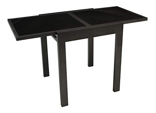 DEGAMO Balkontisch Ausziehtisch aus Aluminium grau, Tischplatte Glas schwarz 65x65cm, ausziehbar auf 130cm, Höhe 75cm, Outdoor